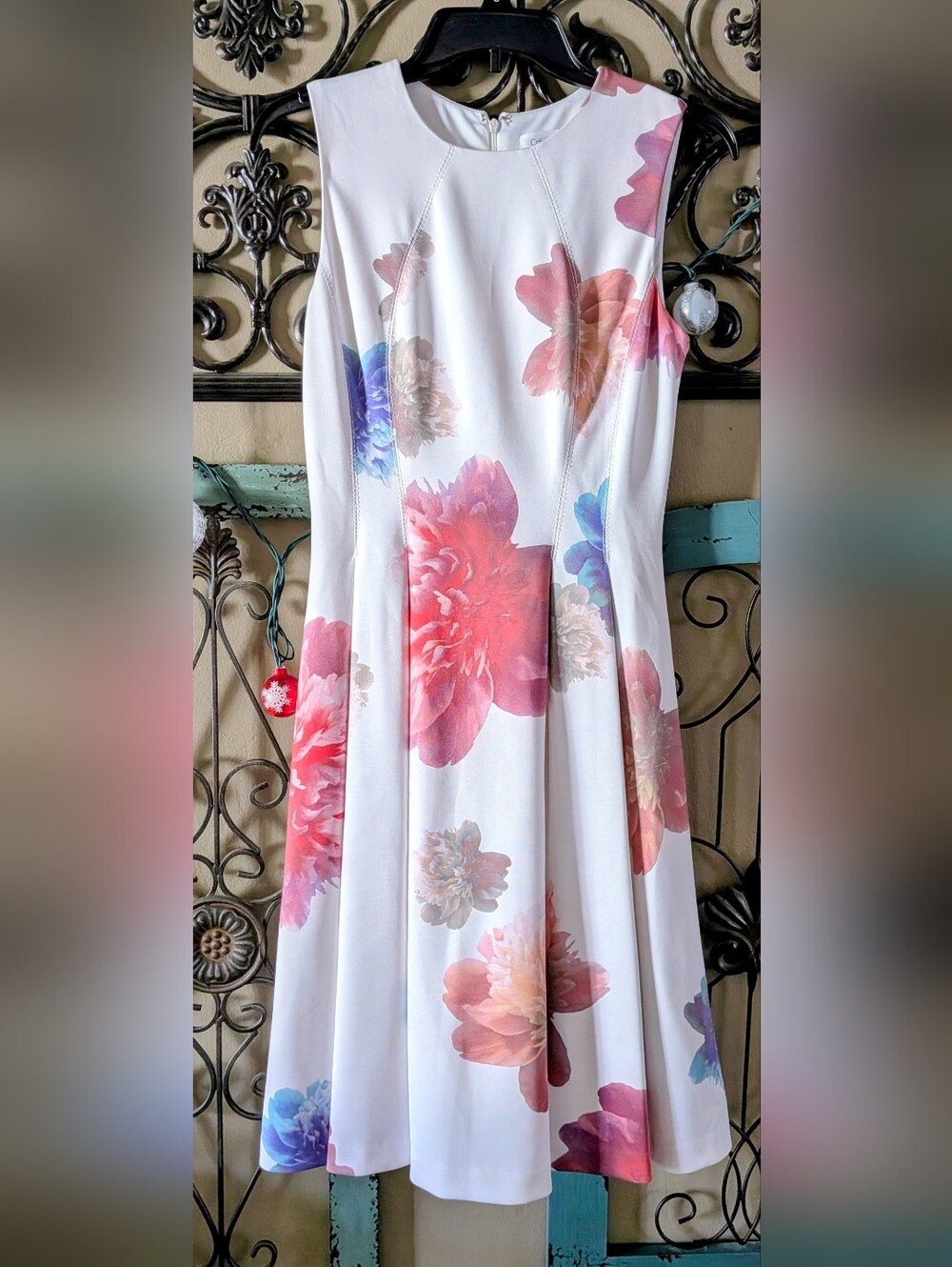 Floral A-Line White Dress with Pink & Coral Blooms